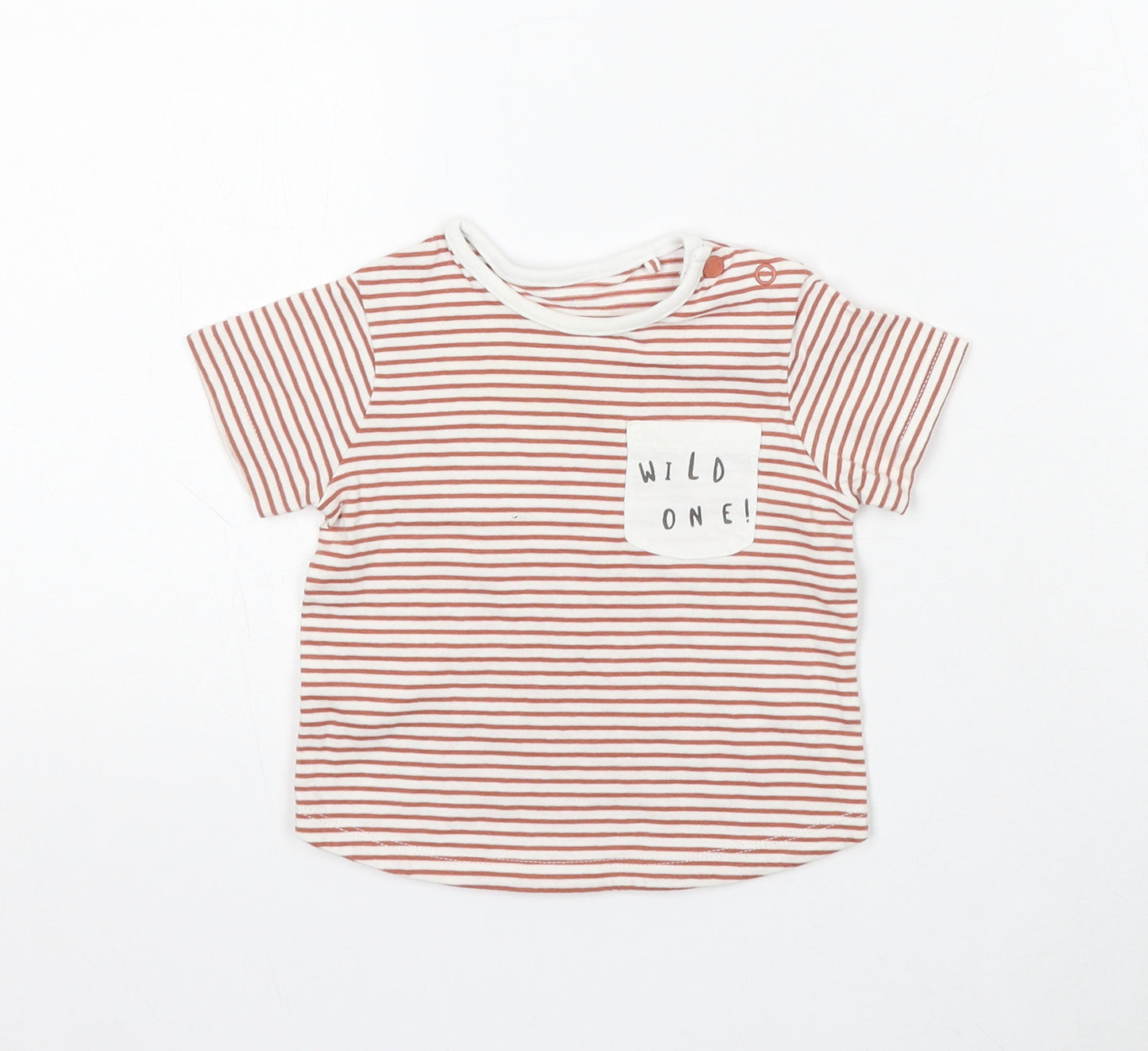 TU Boys White Striped Cotton Basic T-Shirt Size 6-9 Months Round Neck Snap - Wild One!