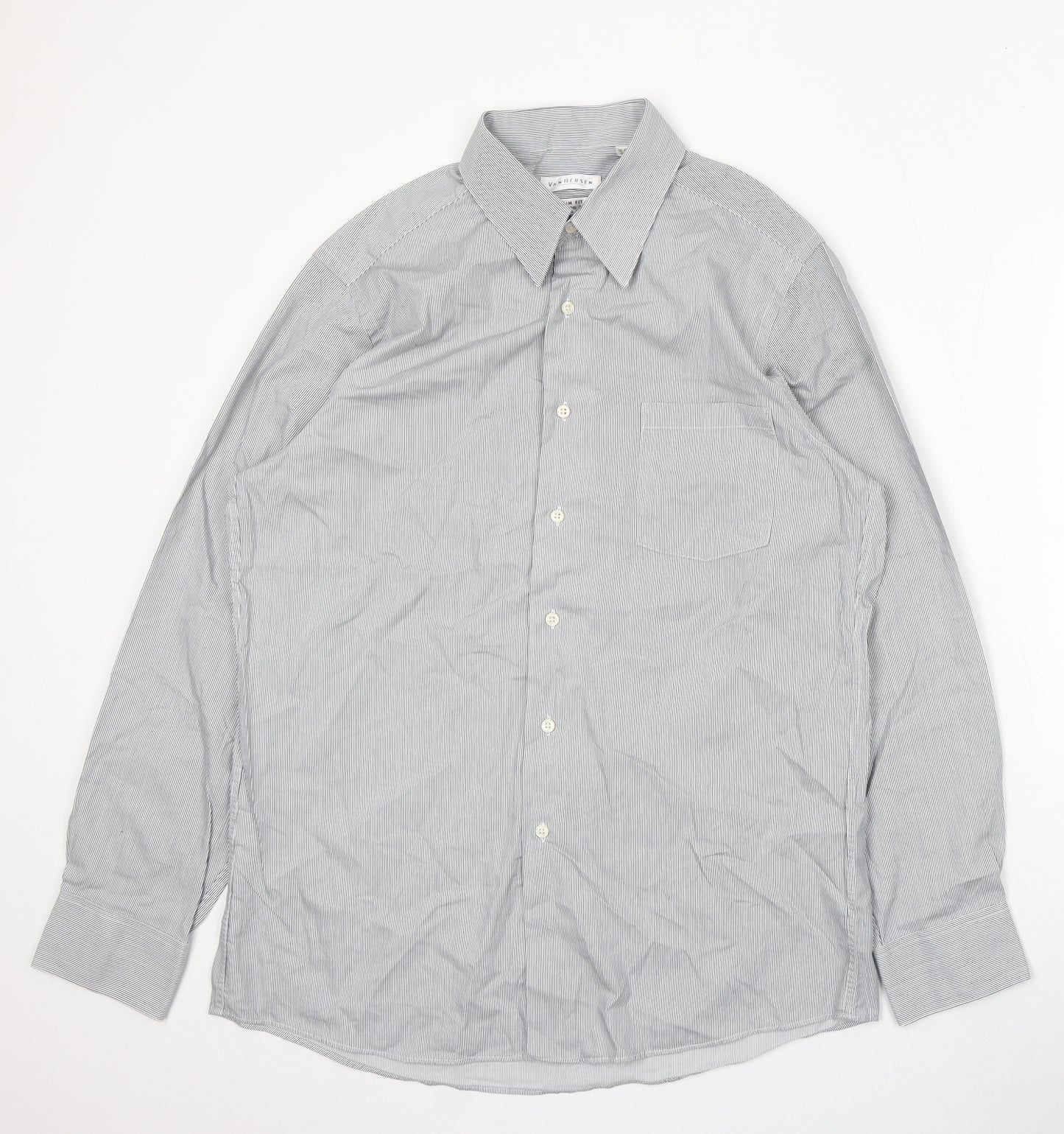Van Heusen Mens Blue Striped Cotton Dress Shirt Size 16 Collared Button