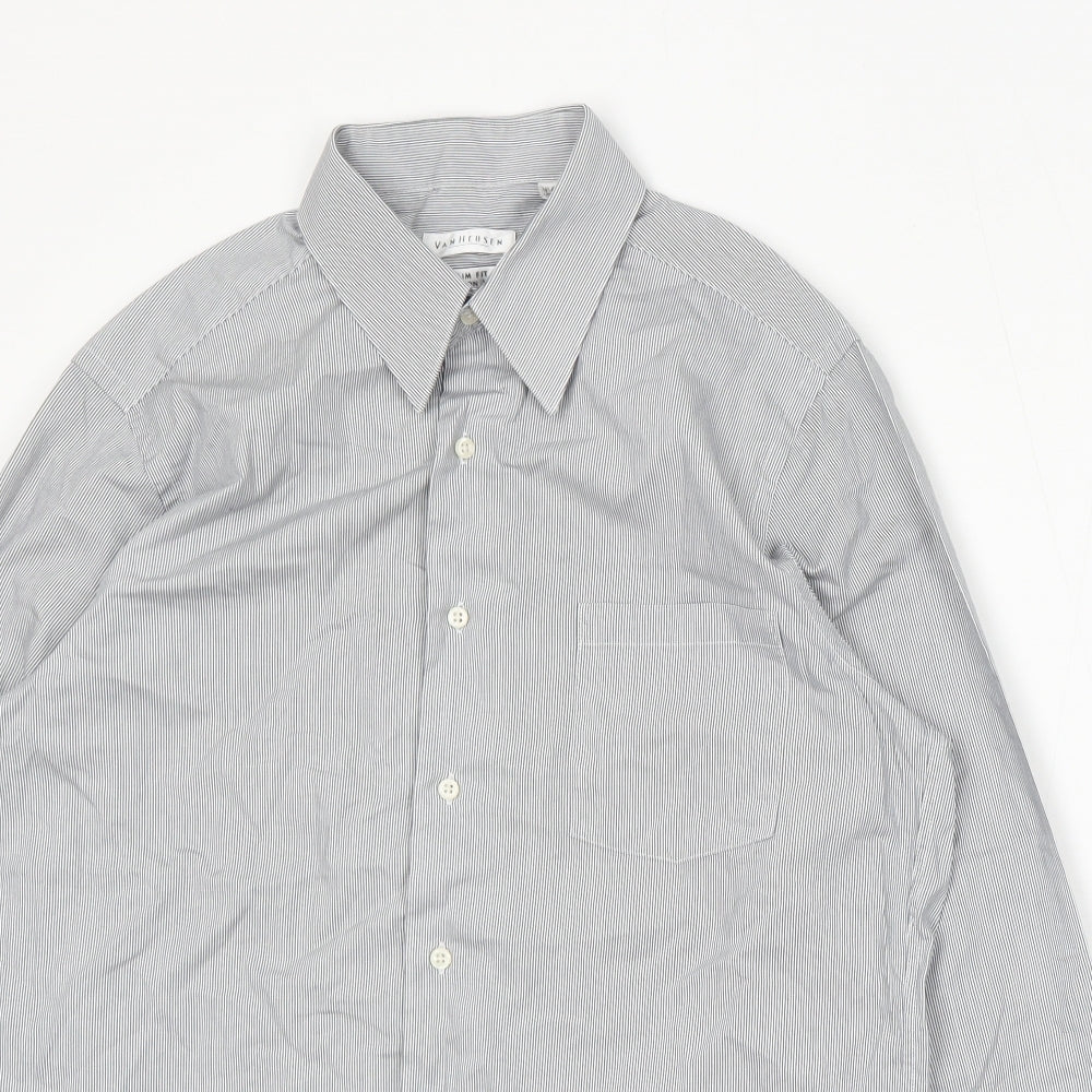 Van Heusen Mens Blue Striped Cotton Dress Shirt Size 16 Collared Button