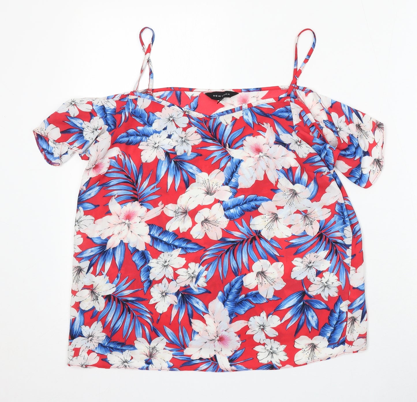 New Look Womens Red Floral Polyester Basic Blouse Size 10 Square Neck