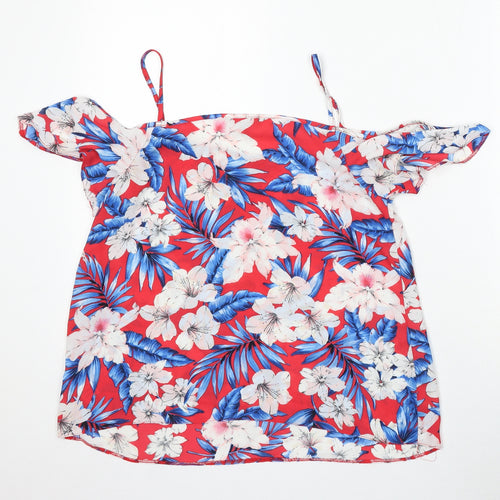 New Look Womens Red Floral Polyester Basic Blouse Size 10 Square Neck