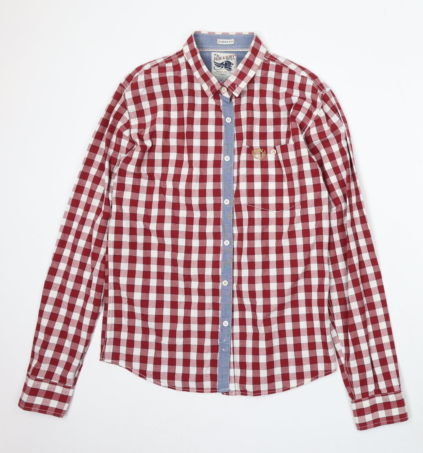 Pride and Glory Mens Red Check Polyester Dress Shirt Size L Collared Button