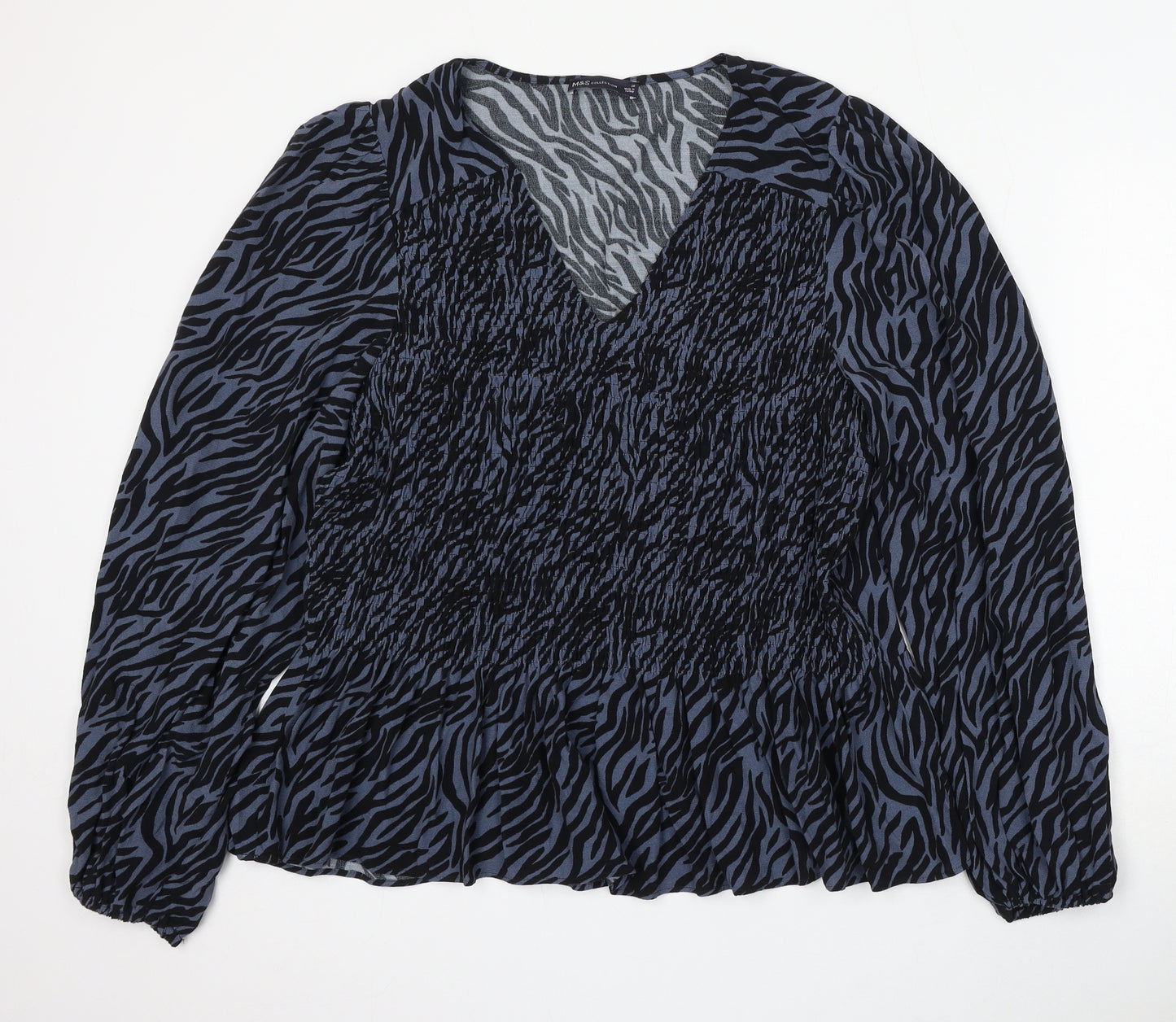 Marks and Spencer Womens Blue Animal Print Polyester Basic Blouse Size 20 V-Neck