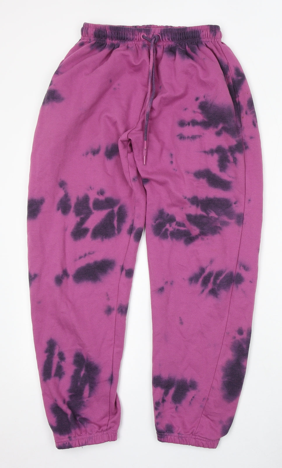 PRETTYLITTLETHING Womens Purple Geometric Cotton Jogger Trousers Size 8 L29 in Regular Drawstring - Tie Dye