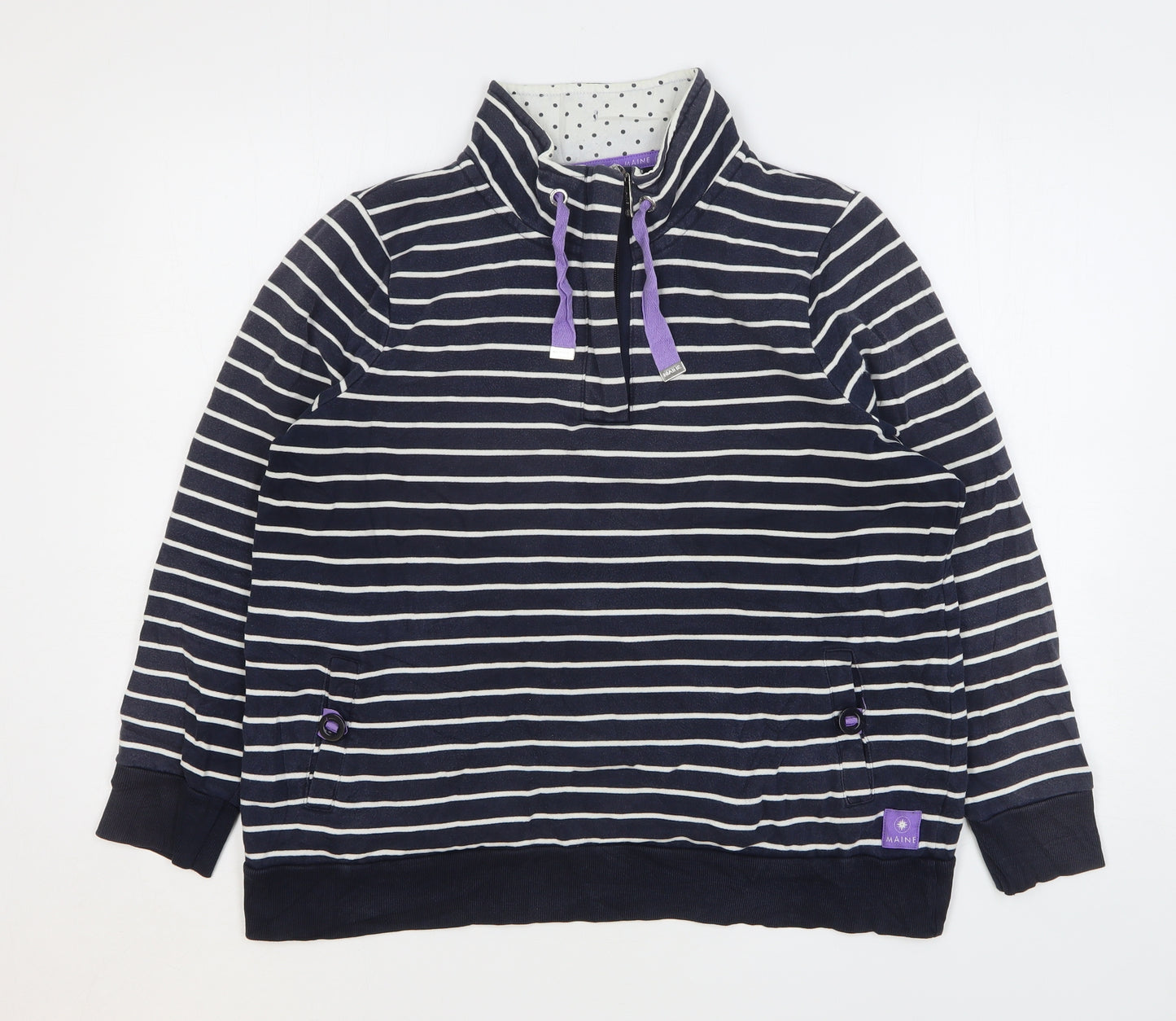 Maine New England Womens Blue Striped Cotton Pullover Sweatshirt Size 18 Zip