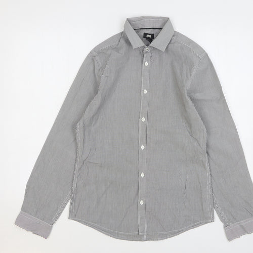 H&M Mens Green Striped Cotton Button-Up Size S Collared Button