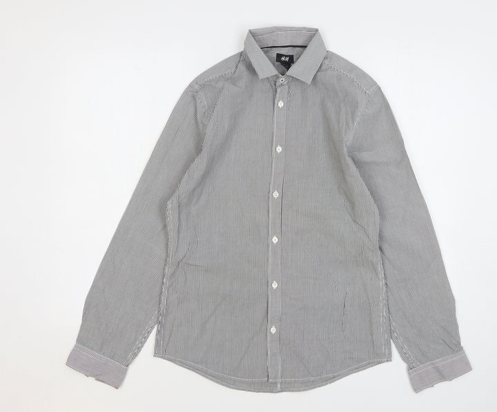 H&M Mens Green Striped Cotton Button-Up Size S Collared Button
