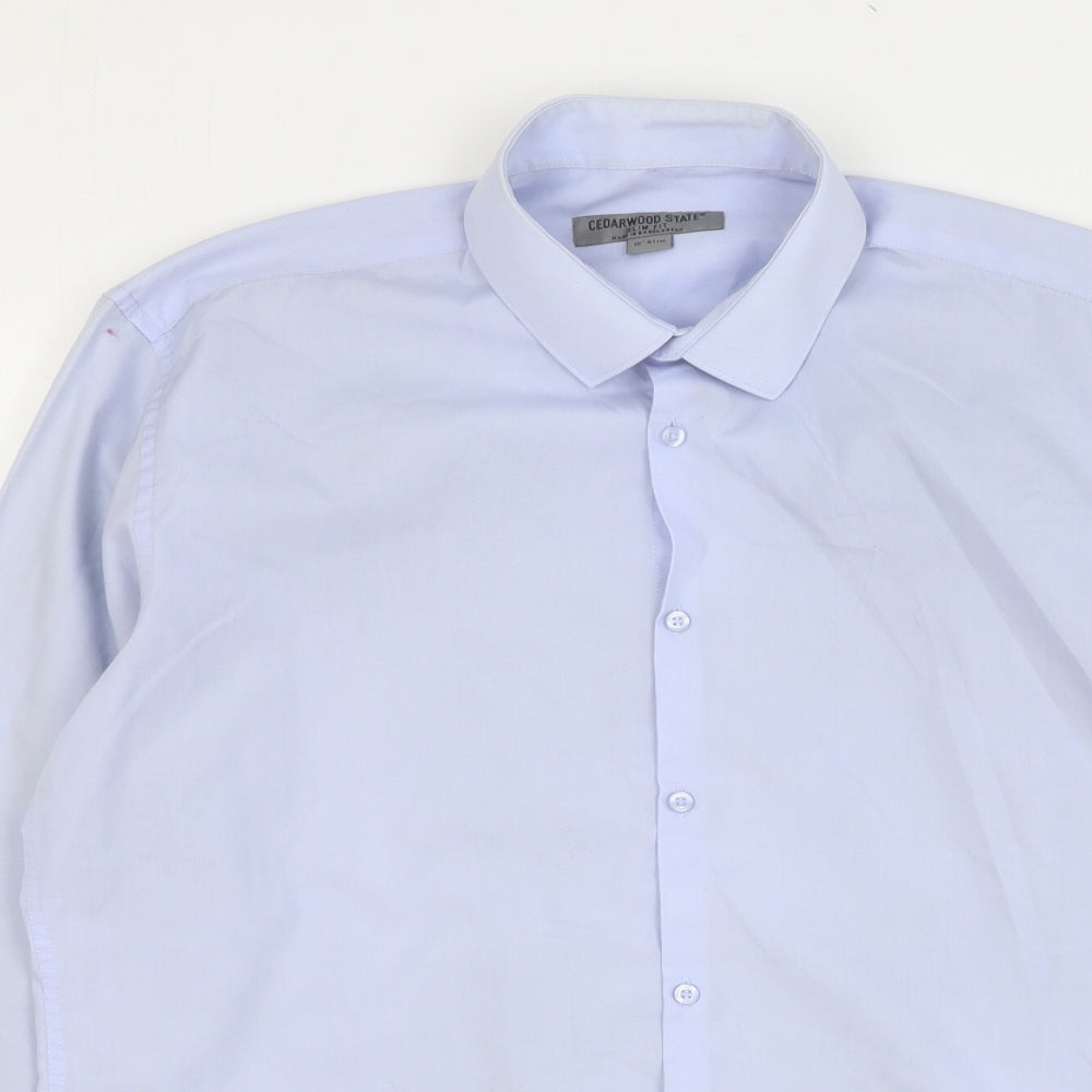 Cedar Wood State Mens Blue Polyester Dress Shirt Size 16 Collared Button
