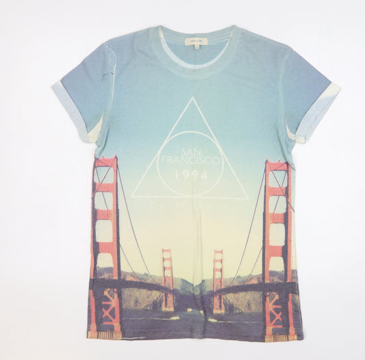 Front view of River Island men’s blue polyester t-shirt, size S, round neck - san francisco