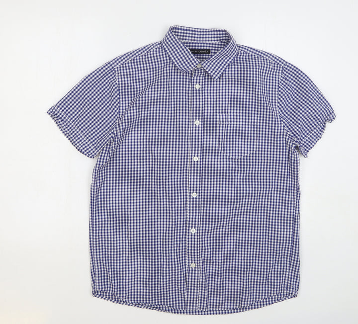 Clride Mens Blue Check Cotton Button-Up Size S Collared Button