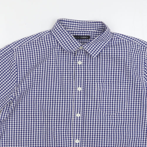 Clride Mens Blue Check Cotton Button-Up Size S Collared Button