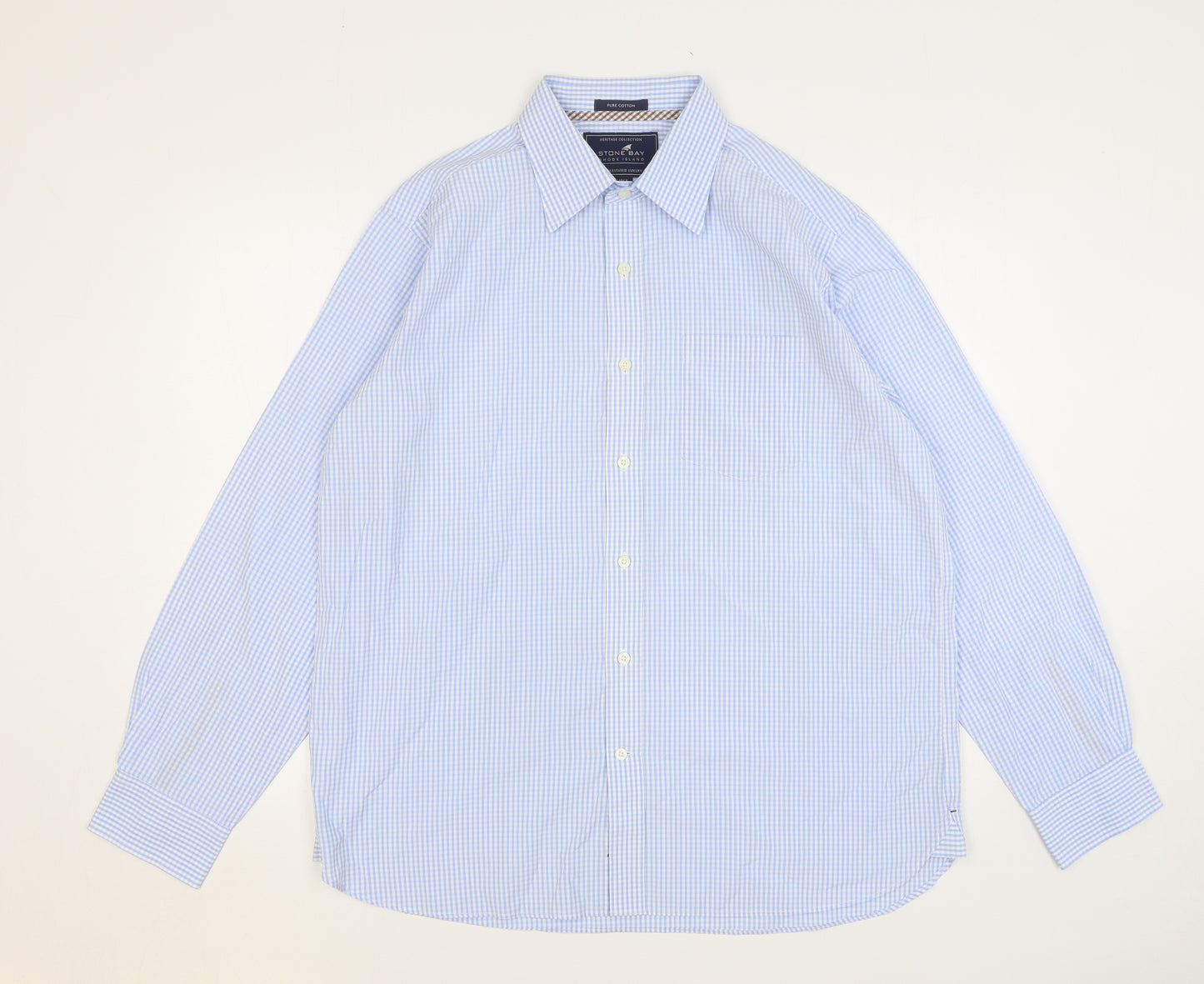 Stone Bay Mens Blue Check Cotton Dress Shirt Size L Collared Button