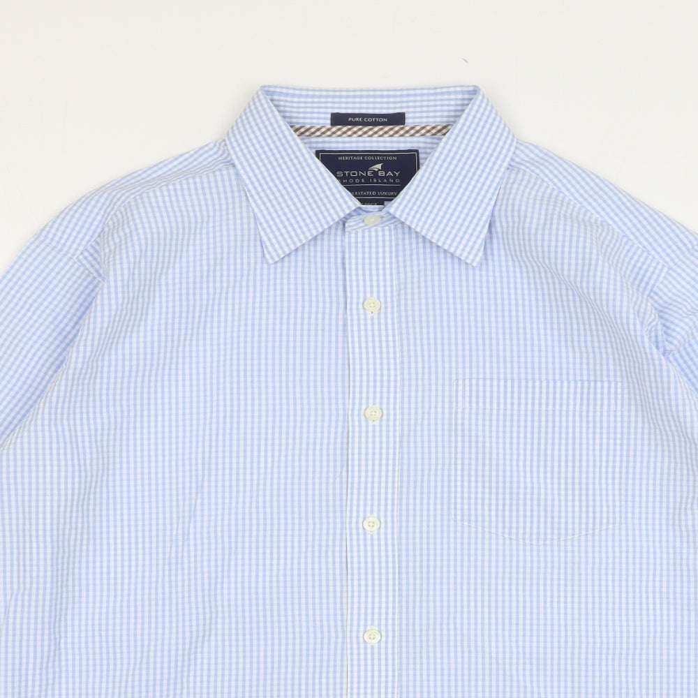 Stone Bay Mens Blue Check Cotton Dress Shirt Size L Collared Button
