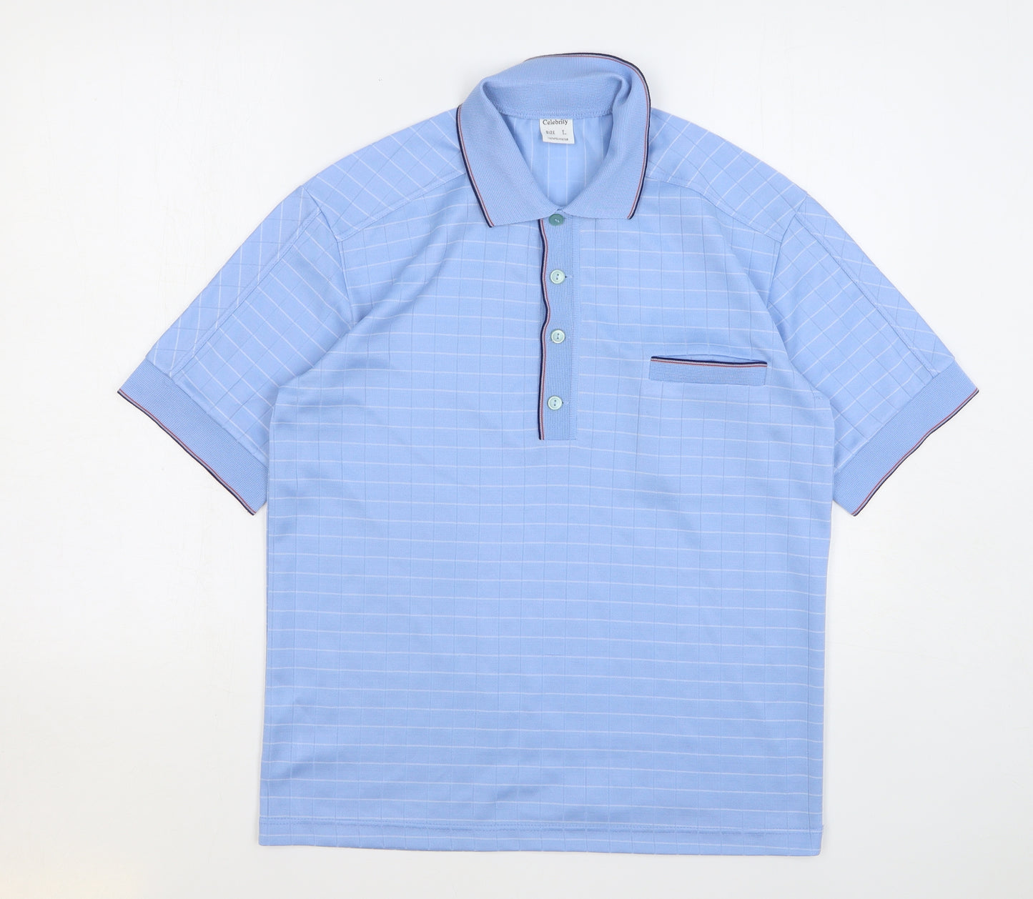 Celebrity Mens Blue Check Polyester Polo Size L Collared Button