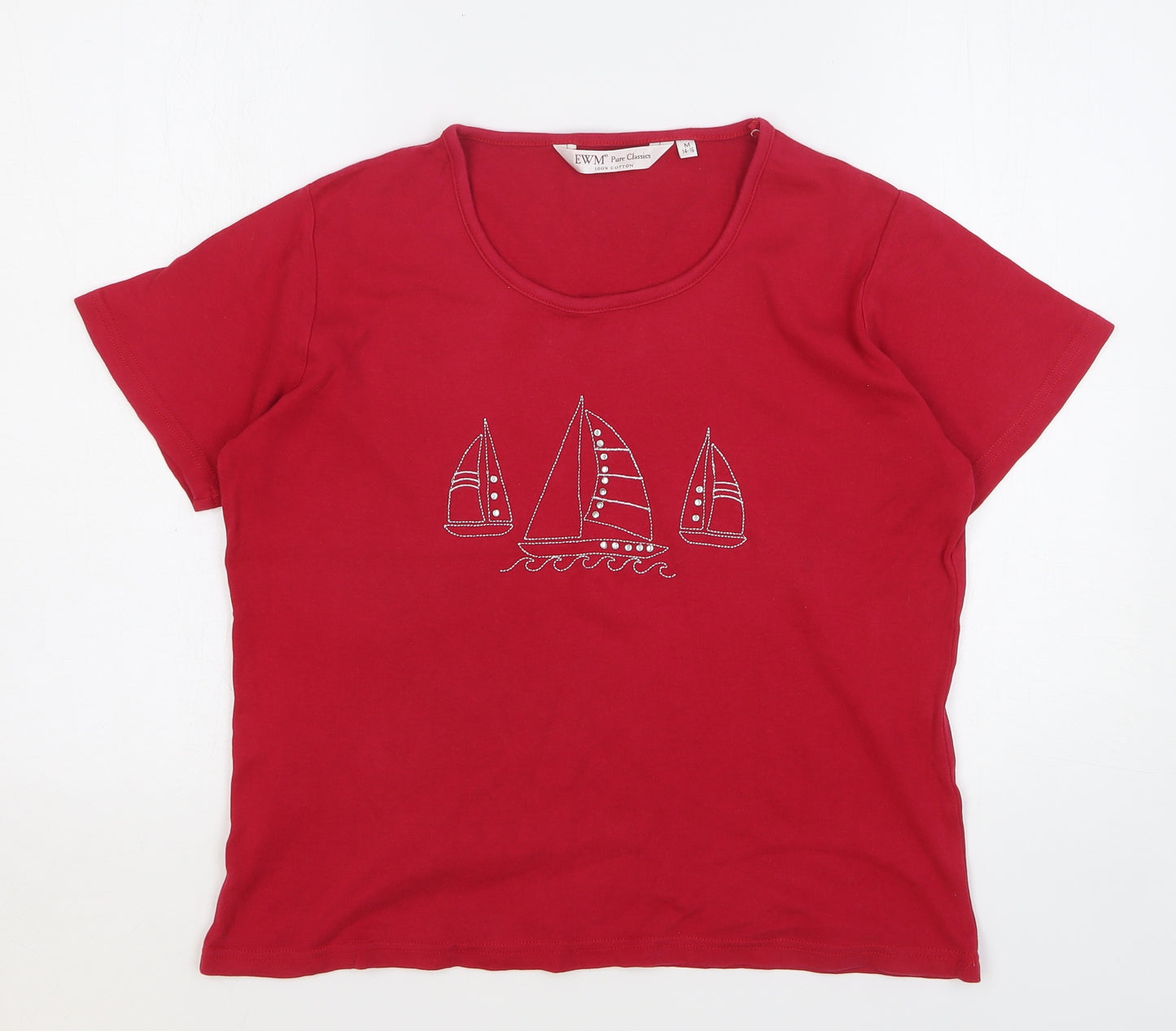 EWM Womens Red Cotton Basic T-Shirt Size 14 Round Neck - Sail Boat