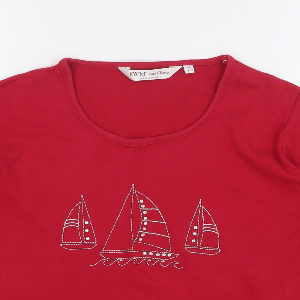 EWM Womens Red Cotton Basic T-Shirt Size 14 Round Neck - Sail Boat