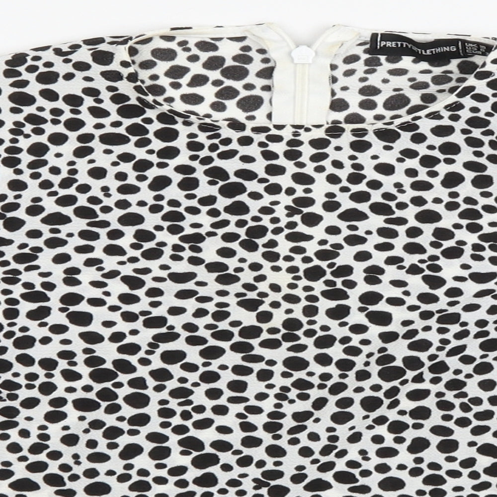 PRETTYLITTLETHING Womens White Animal Print Polyester Cropped T-Shirt Size 10 Round Neck - Dalmatian print