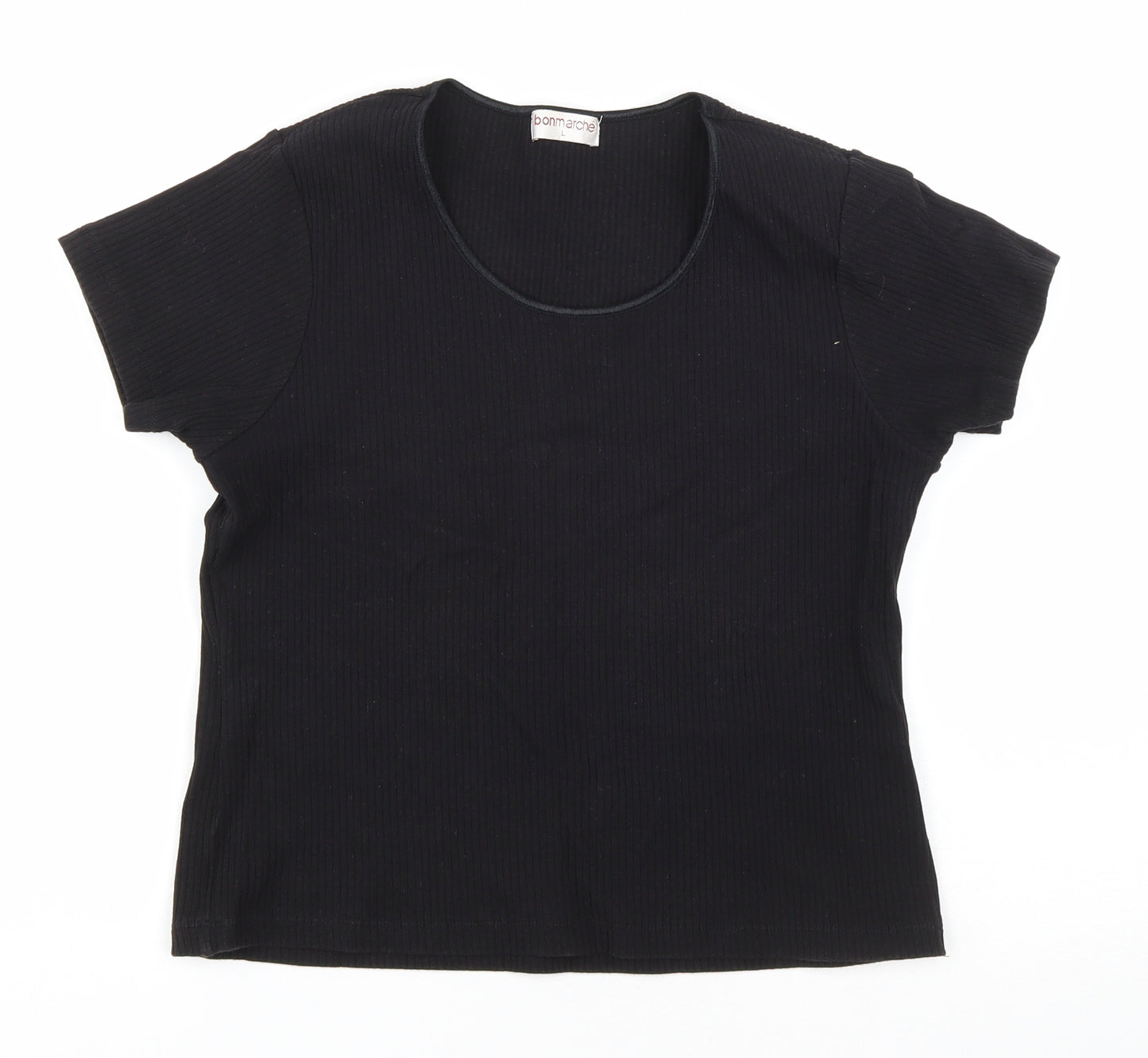 Bonmarché Womens Black Cotton Basic T-Shirt Size L Scoop Neck