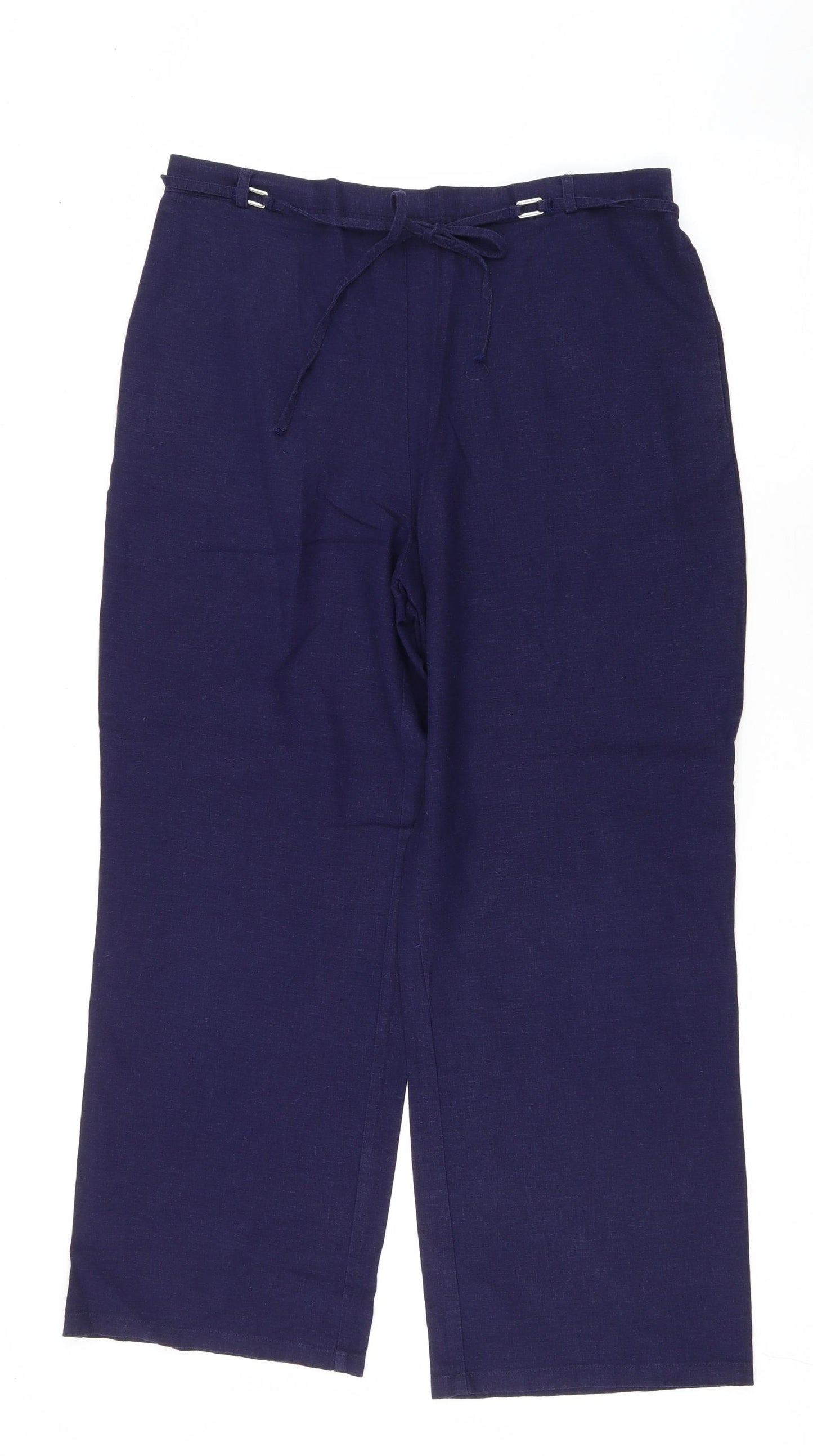 Marks and Spencer Womens Blue Linen Trousers Size 14 L25 in Regular Drawstring