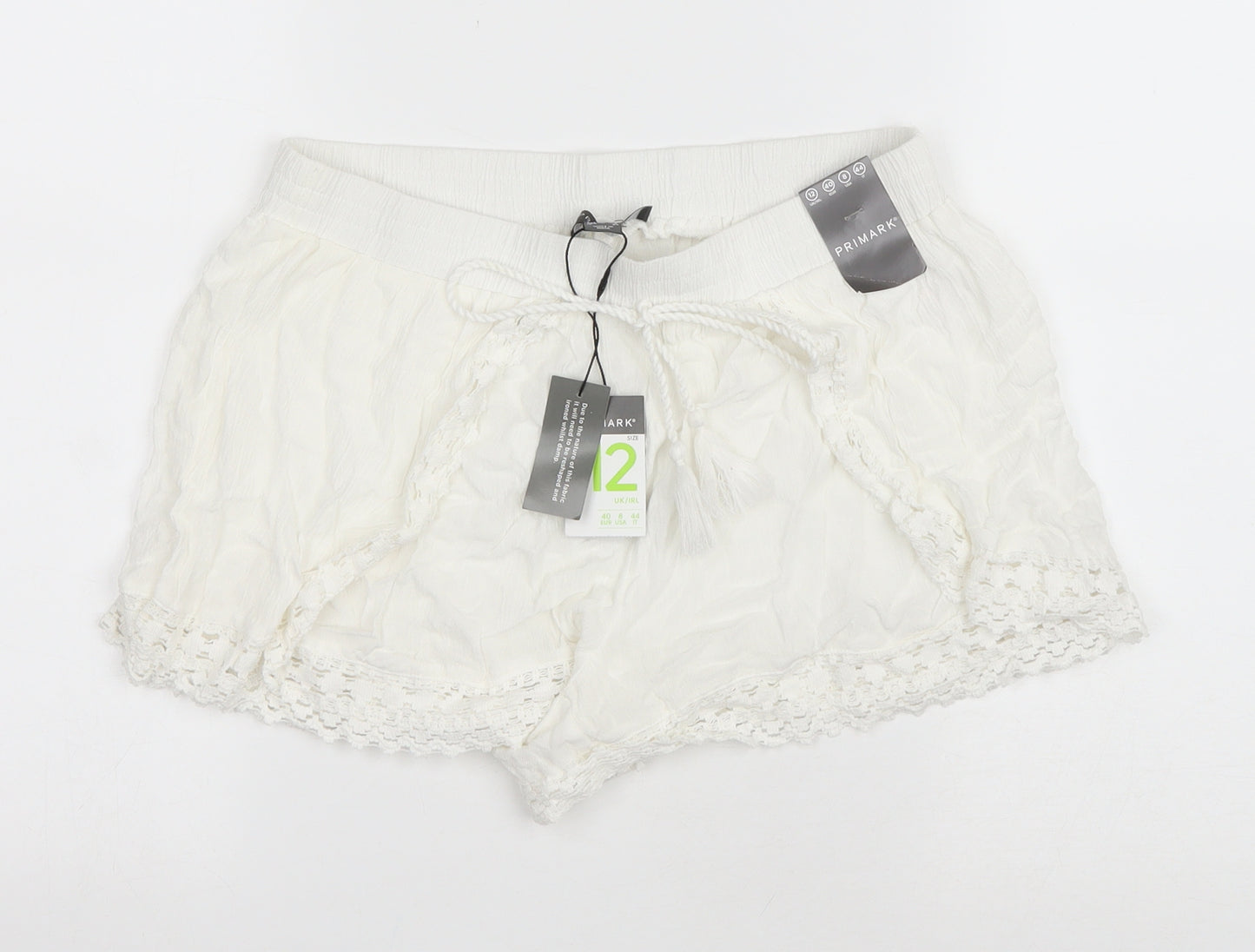 Primark Womens White Viscose Hot Pants Shorts Size 12 L3 in Regular Drawstring