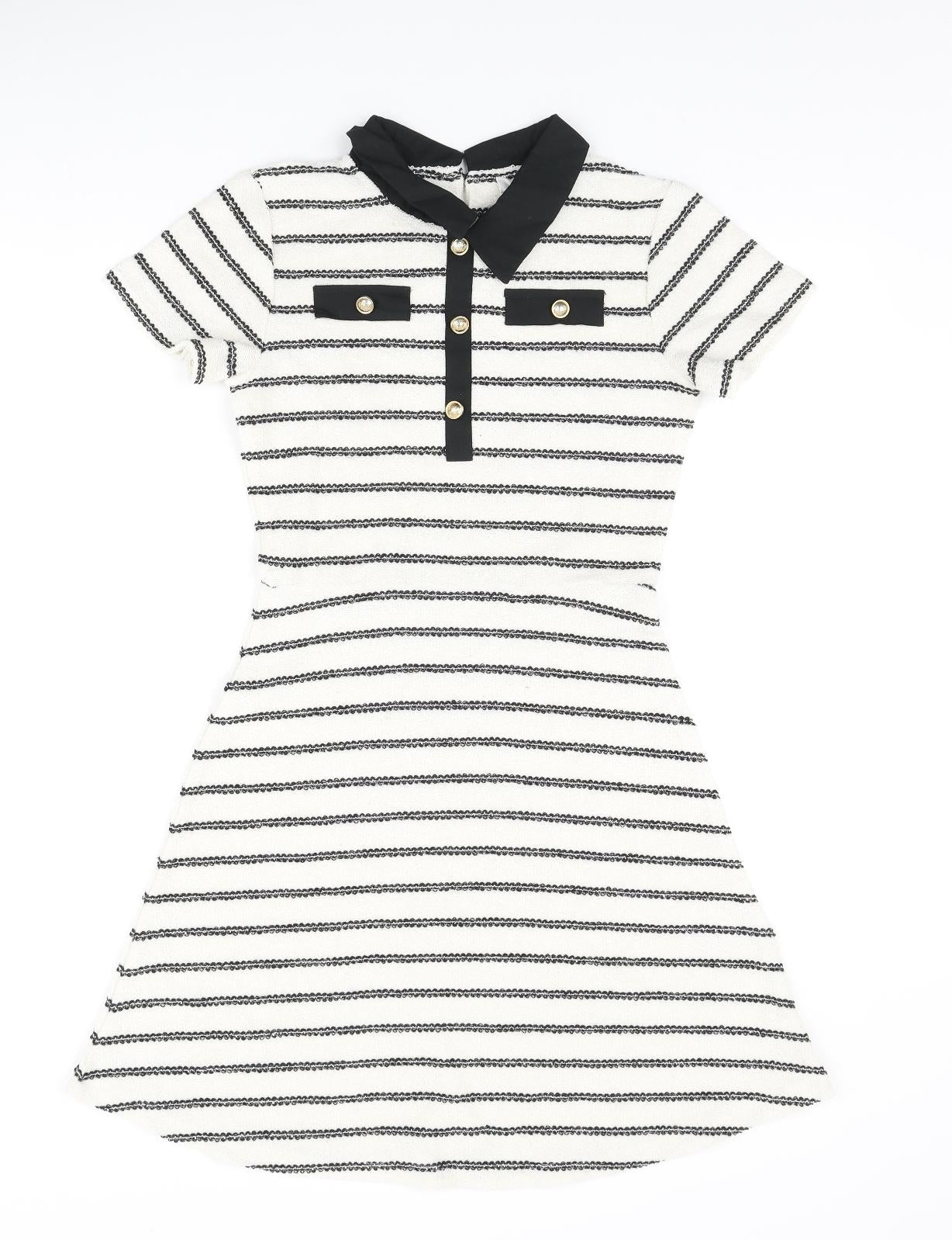 River Island Girls Ivory Striped Polyester A-Line Size 11-12 Years Collared Button