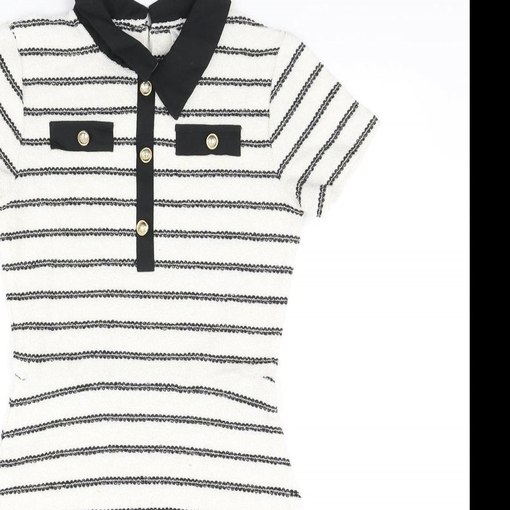 River Island Girls Ivory Striped Polyester A-Line Size 11-12 Years Collared Button