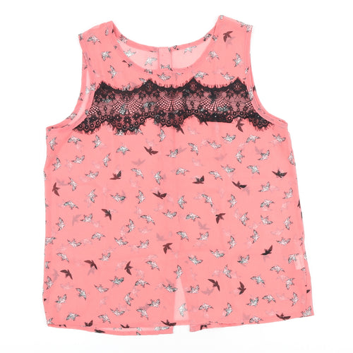 Atmosphere Womens Pink Geometric Polyester Basic Blouse Size 12 Round Neck - Bird print & lace detail