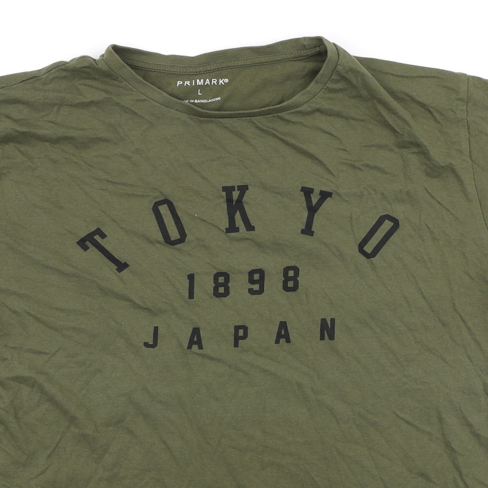 Primark Mens Green Cotton T-Shirt Size L Round Neck
