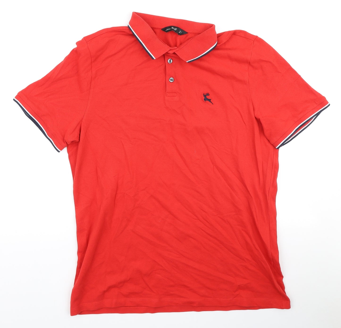 F&F Mens Red Polyester Polo Size L Collared Button