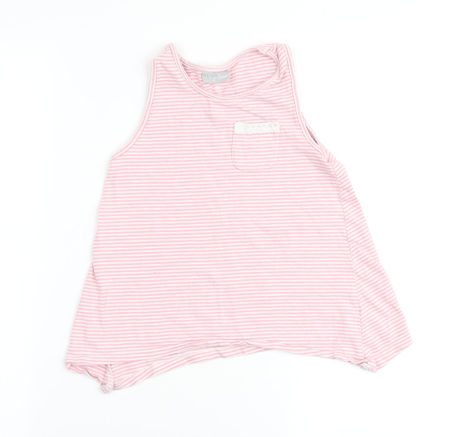 I love Girlswear Girls Pink Striped Cotton Basic Tank Size 7 Years Round Neck - Pocket Detail with lace
