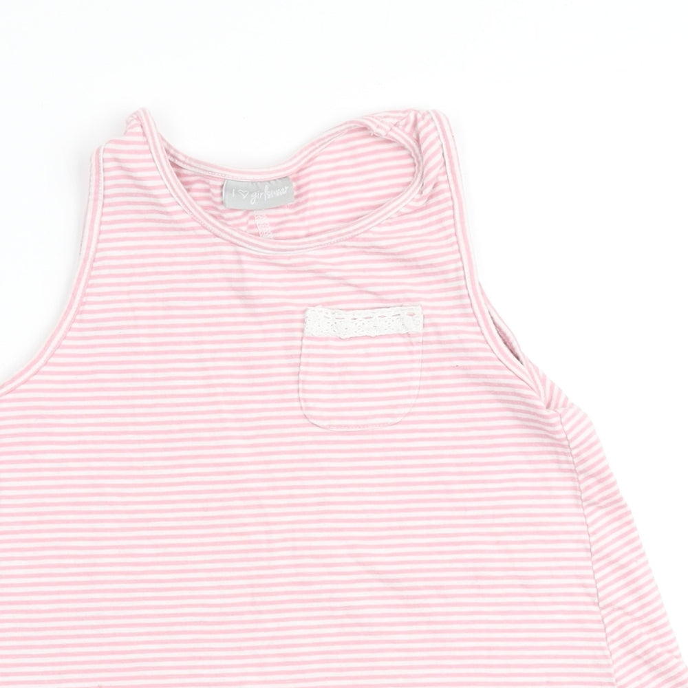 I love Girlswear Girls Pink Striped Cotton Basic Tank Size 7 Years Round Neck - Pocket Detail with lace