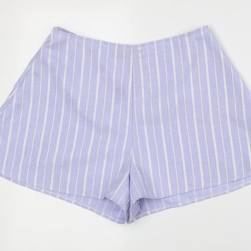 PRETTYLITTLETHING Womens Blue Striped 100% Polyester Hot Pants Shorts Size 12 Regular Zip