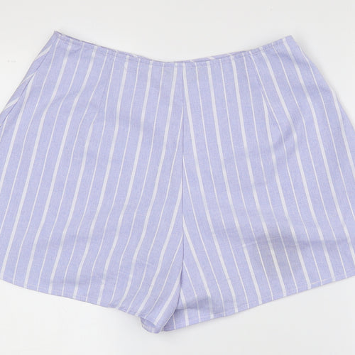 PRETTYLITTLETHING Womens Blue Striped 100% Polyester Hot Pants Shorts Size 12 Regular Zip