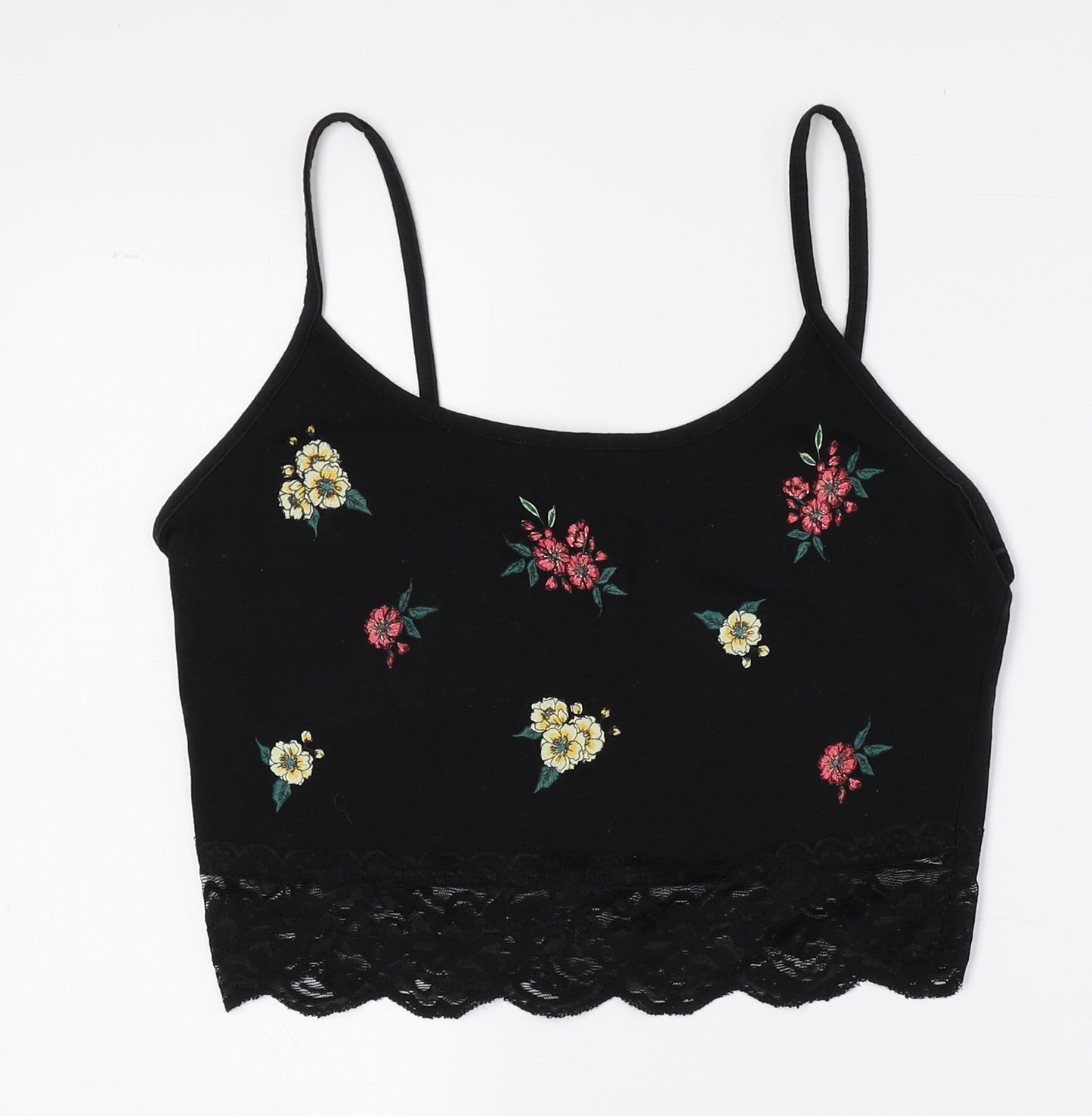 New Look Womens Multicoloured Floral Cotton Cropped T-Shirt Size 12 Crew Neck - Lace edging