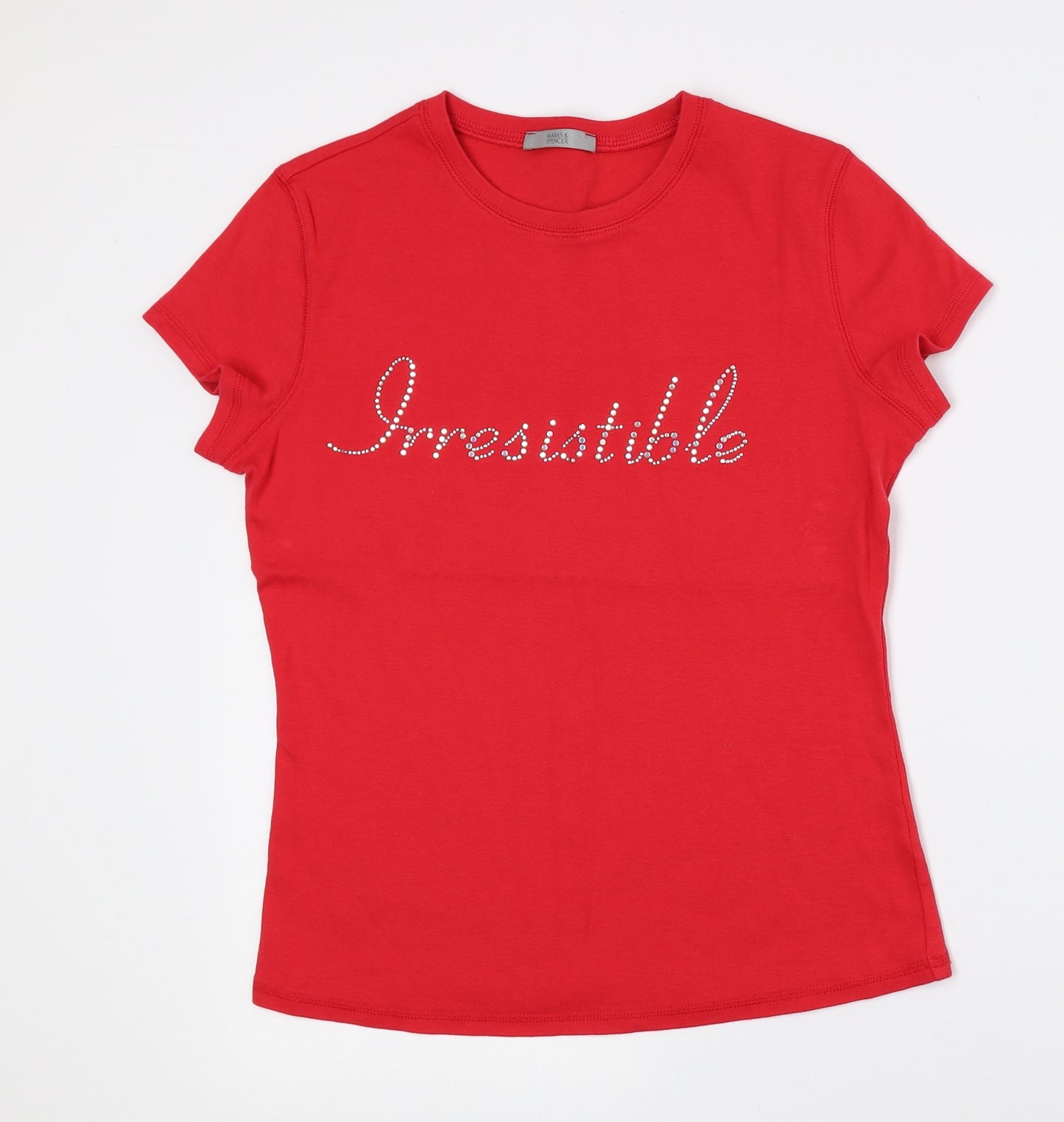 Marks and Spencer Womens Red 100% Cotton Basic T-Shirt Size 14 Crew Neck - Irresistible