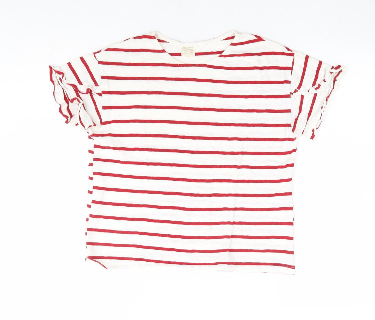 Zara Girls Red Striped Polyester Basic T-Shirt Size 11-12 Years Round Neck Pullover