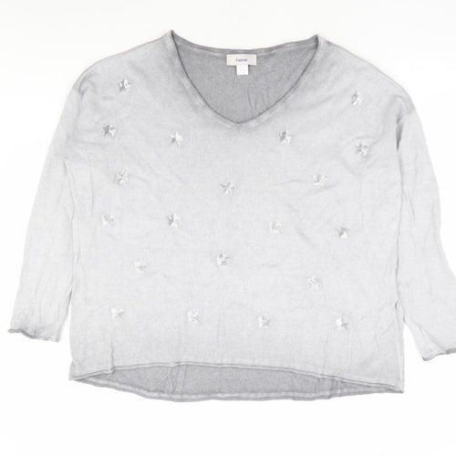 HEINE Womens Grey V-Neck Geometric 100% Cotton Pullover Jumper Size 10 - Stars