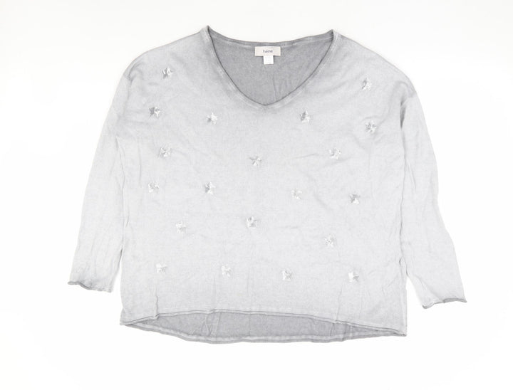 HEINE Womens Grey V-Neck Geometric 100% Cotton Pullover Jumper Size 10 - Stars