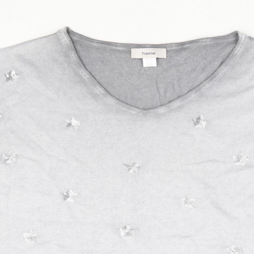 HEINE Womens Grey V-Neck Geometric 100% Cotton Pullover Jumper Size 10 - Stars