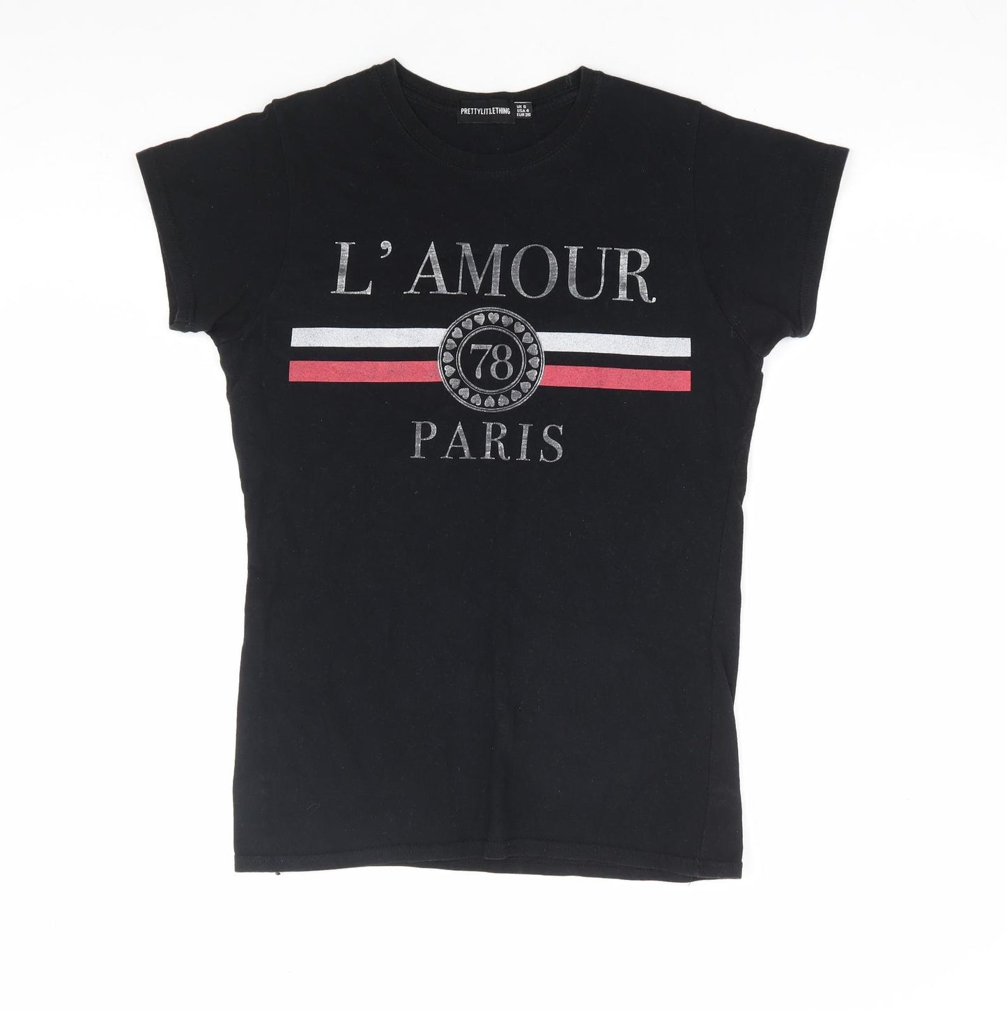 PRETTYLITTLETHING Womens Black Polyester Basic T-Shirt Size 8 Round Neck - L'Amour Paris