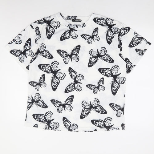 SheIn Womens White Geometric Cotton Basic T-Shirt Size XS Round Neck - Butterfly