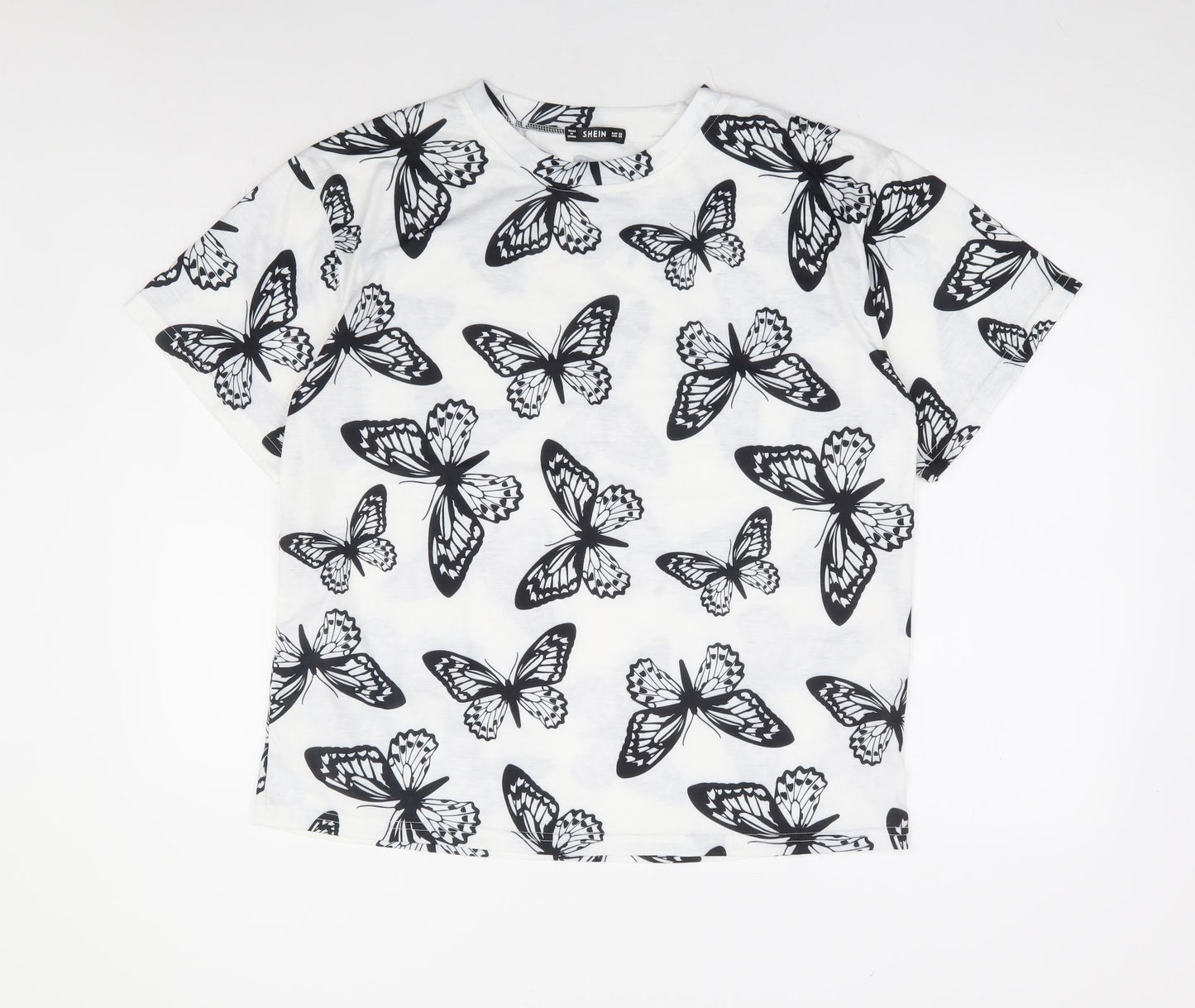 SheIn Womens White Geometric Cotton Basic T-Shirt Size XS Round Neck - Butterfly