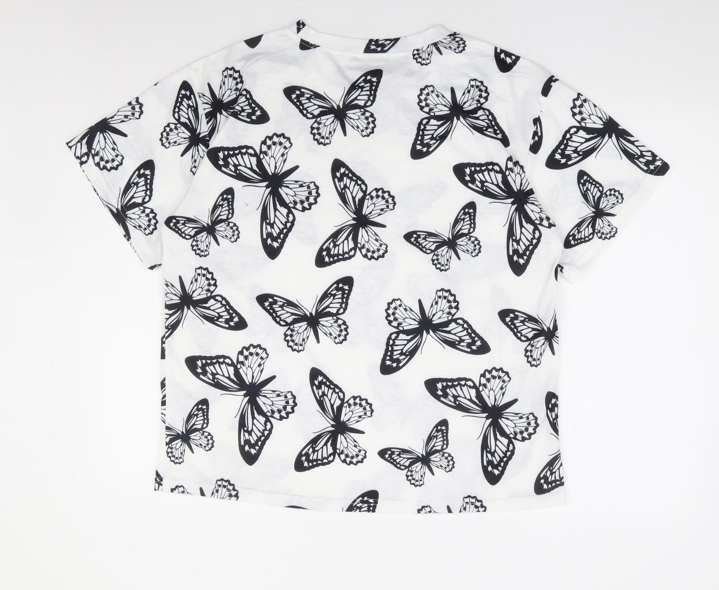 SheIn Womens White Geometric Cotton Basic T-Shirt Size XS Round Neck - Butterfly