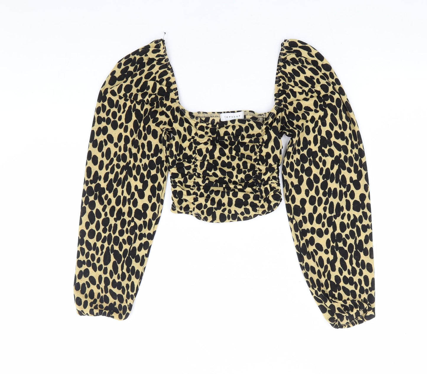 Topshop Womens Brown Animal Print Polyester Cropped Blouse Size 6 Square Neck - Ruched Leopard Print