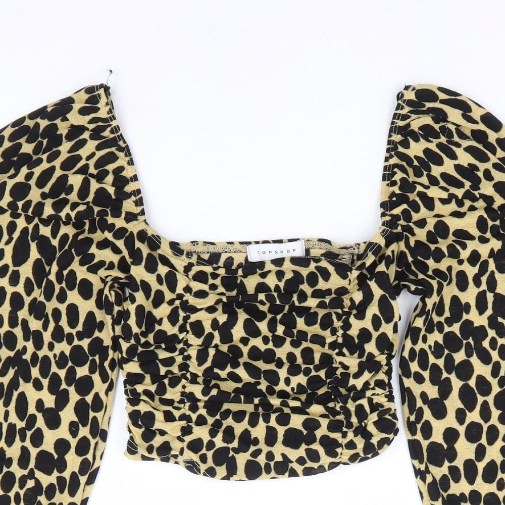 Topshop Womens Brown Animal Print Polyester Cropped Blouse Size 6 Square Neck - Ruched Leopard Print