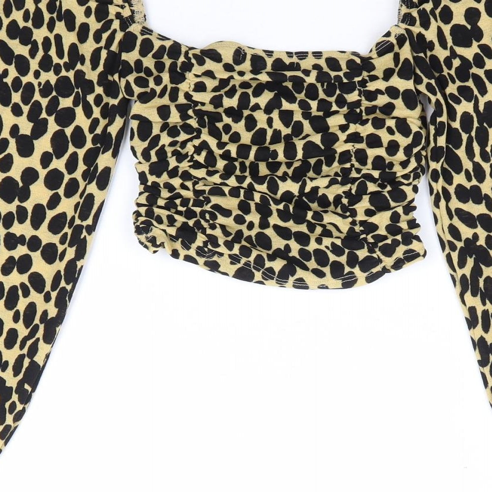 Topshop Womens Brown Animal Print Polyester Cropped Blouse Size 6 Square Neck - Ruched Leopard Print
