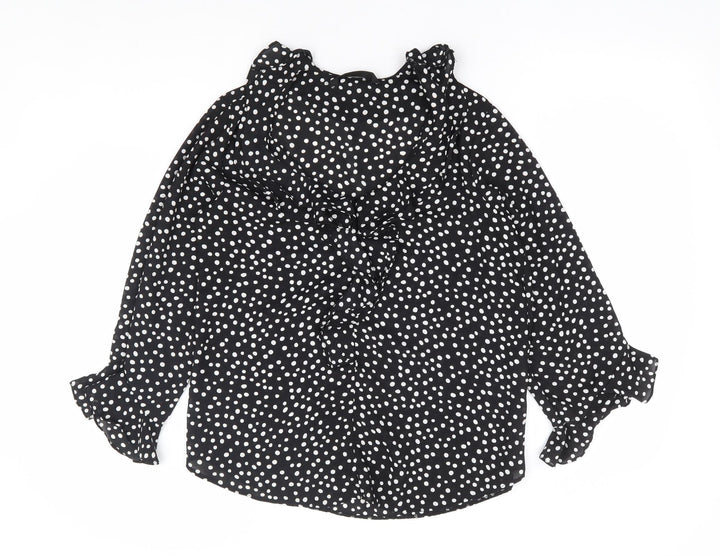 Dunnes Stores Womens Black Polka Dot Polyester Basic Blouse Size 10 V-Neck