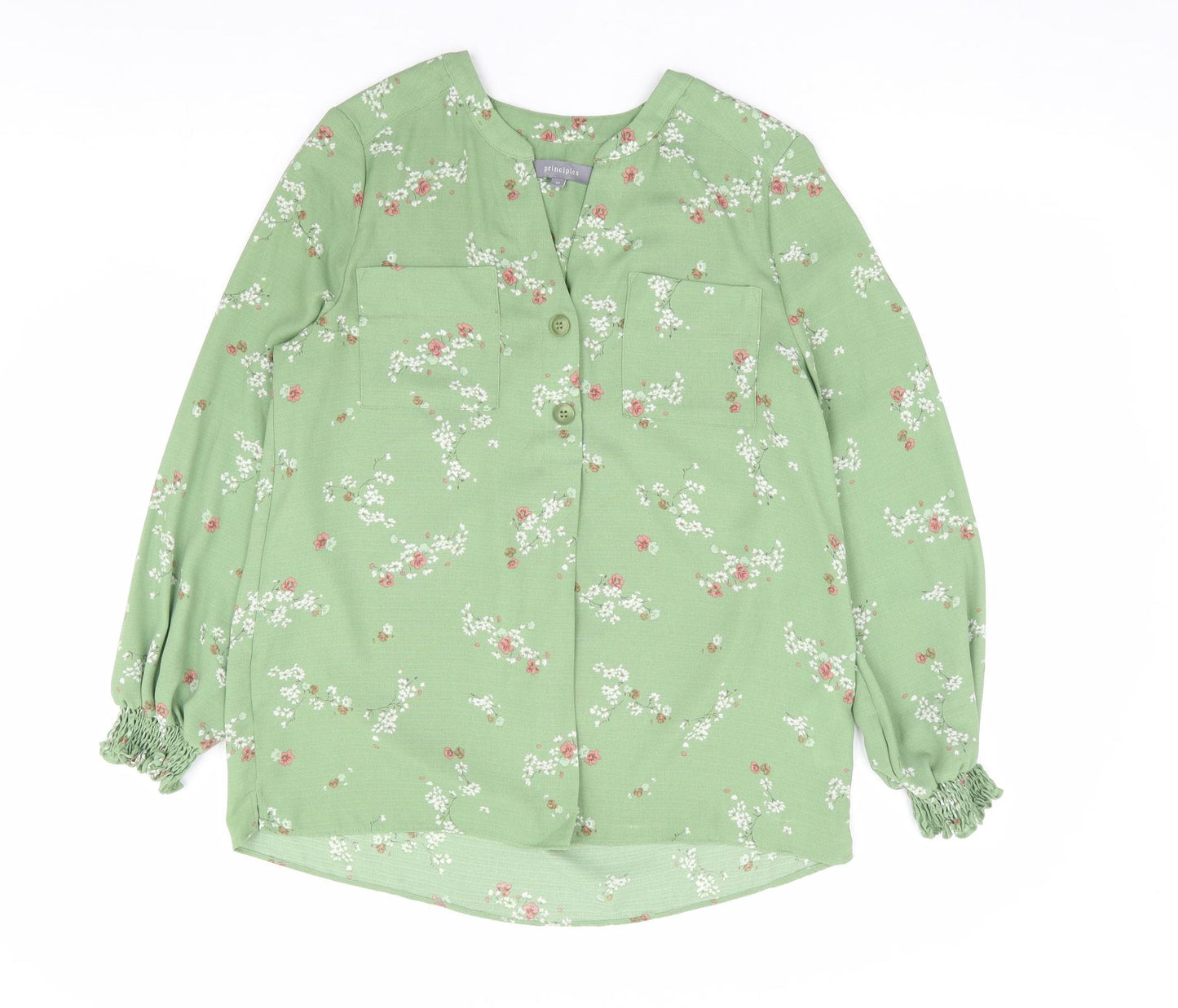 Principles Womens Green Floral Polyester Jersey Blouse Size 10 V-Neck