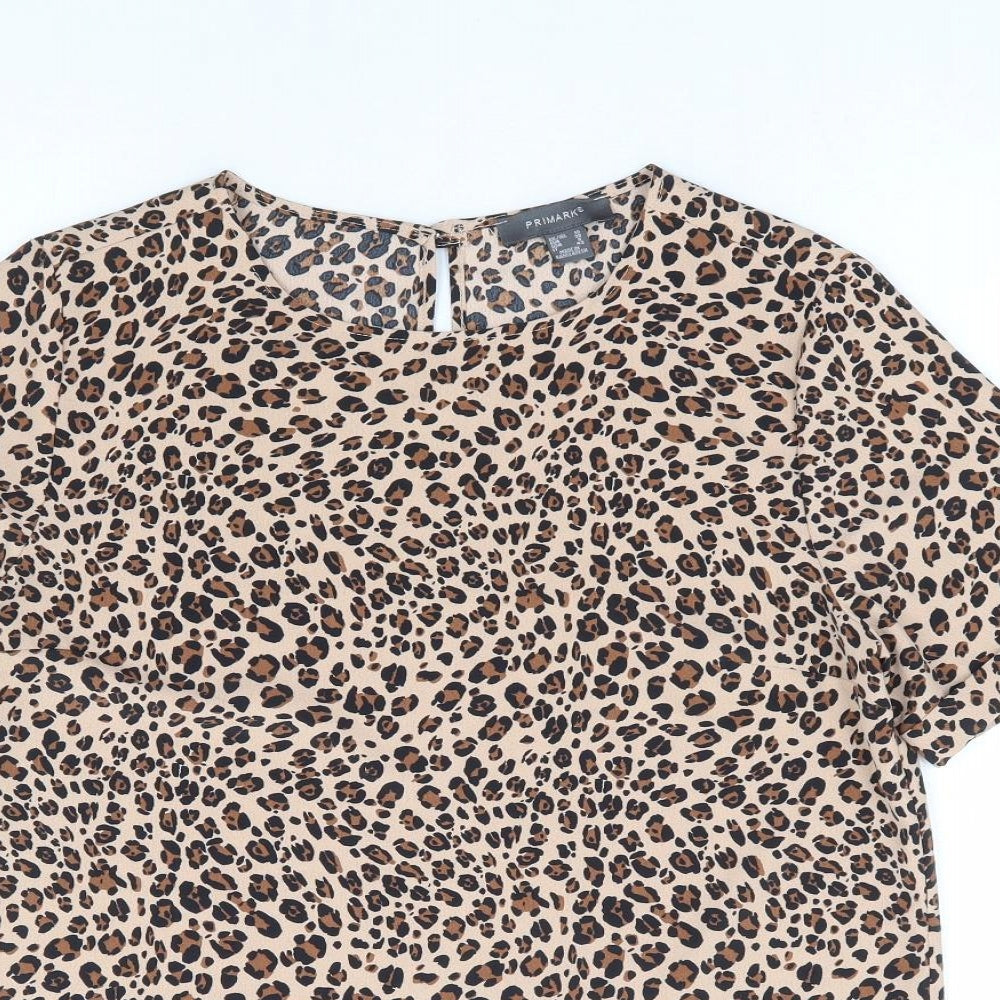 Primark Womens Brown Animal Print Polyester Basic Blouse Size 10 Round Neck - Leopard Print
