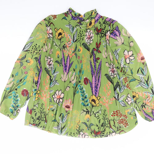 Preworn Womens Green Floral Polyester Jersey Blouse Size S Crew Neck